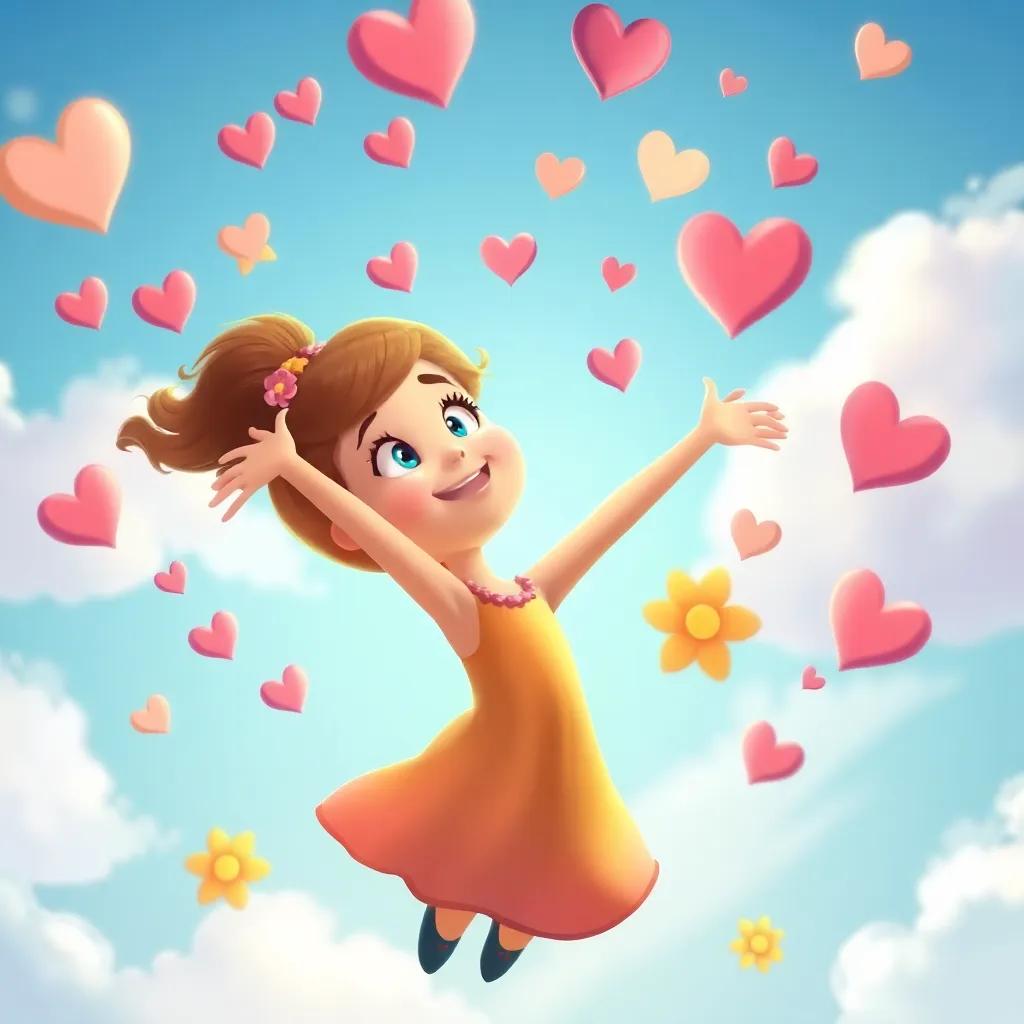Cassie in the sky, with hearts and flowers floating around her, happy and bright, representing friendship and kindness, colorful and engaging illustration, child-friendly feeling.