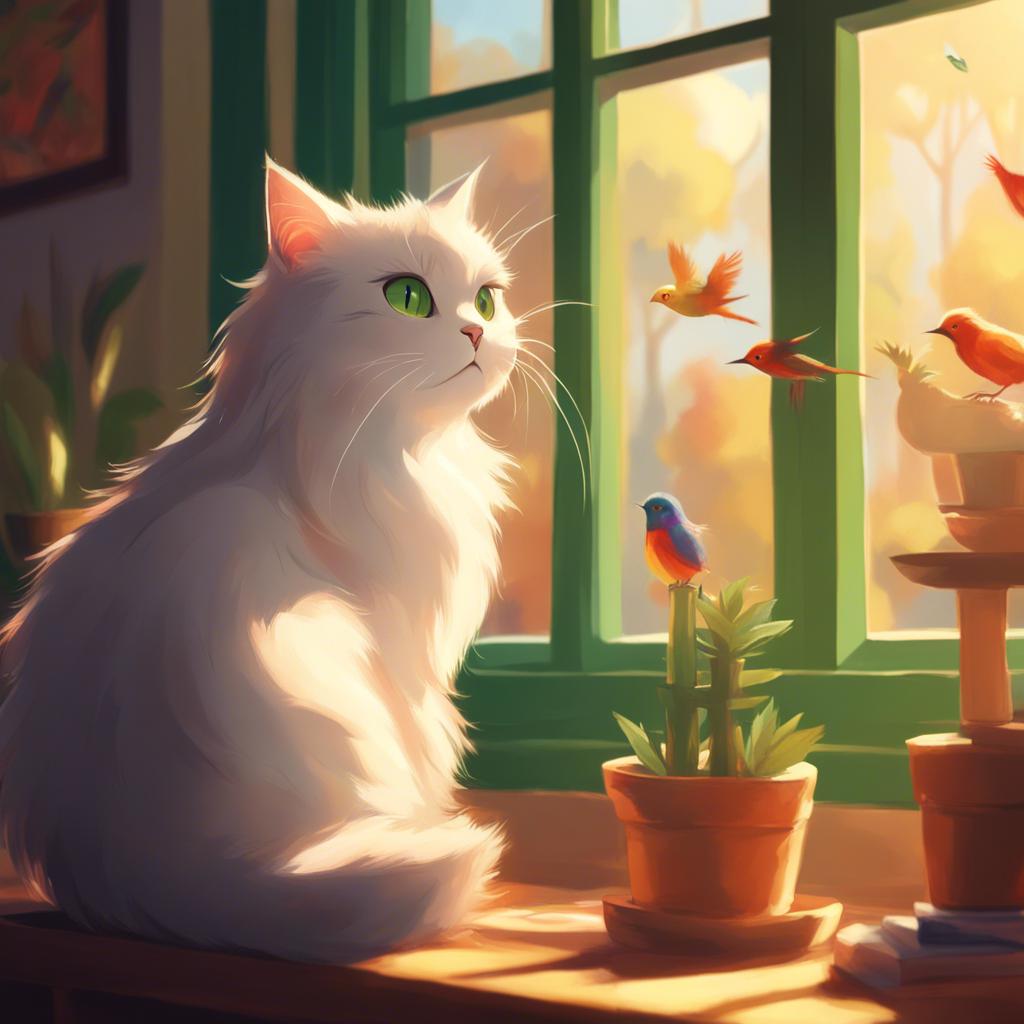 A fluffy cat named Whiskers, with soft white fur and big green eyes, sitting in a cozy house by a sunny window, looking at colorful birds outside, digital art, warm colors, cheerful atmosphere, high quality