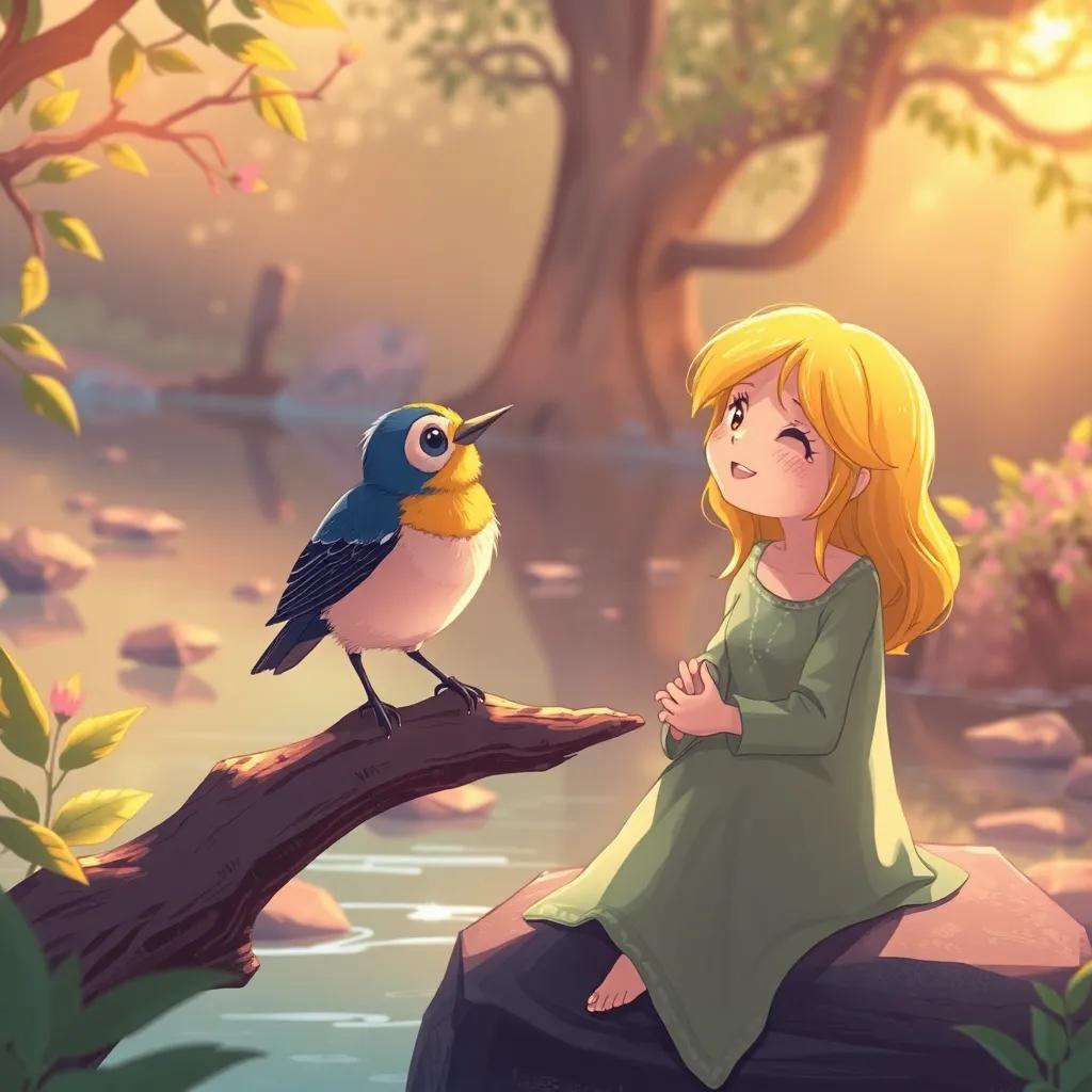 A little bird perched on a branch, singing to Cattrena, who is sitting by the river with a hopeful smile, surrounded by nature's beauty, illustration, warm light, inviting and uplifting vibe