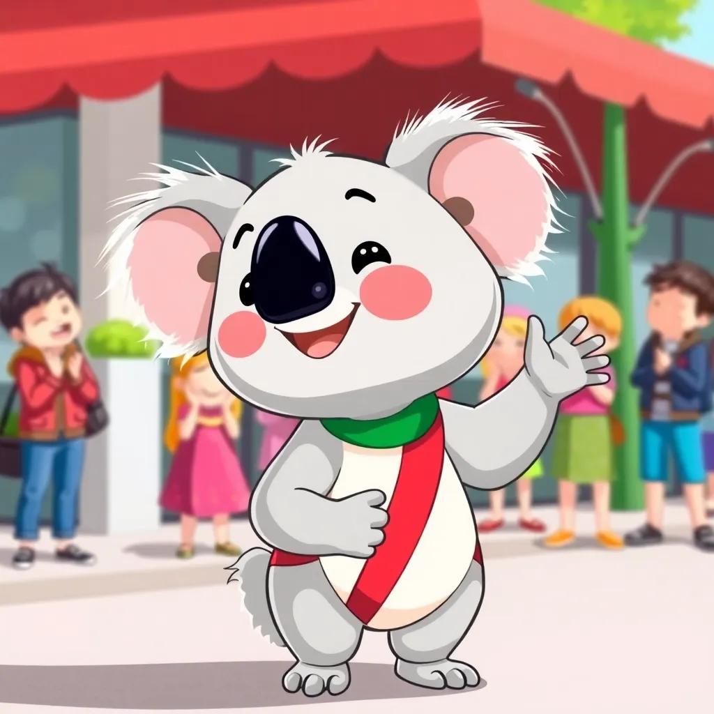 Mozart the Koala, a cute cartoon koala with a smiling face, standing outside on the street, waving and singing with children clapping in the background, bright day, colorful scene, joyful and happy vibes, illustration, cheerful, high-quality