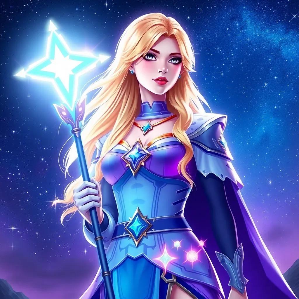 A powerful woman with blonde hair and gray eyes, Celeste Stargrazer, standing under a starry sky, wearing a celestial-inspired outfit, holding a glowing staff, digital art, magical aura, vibrant colors, inspiring scene, high quality
