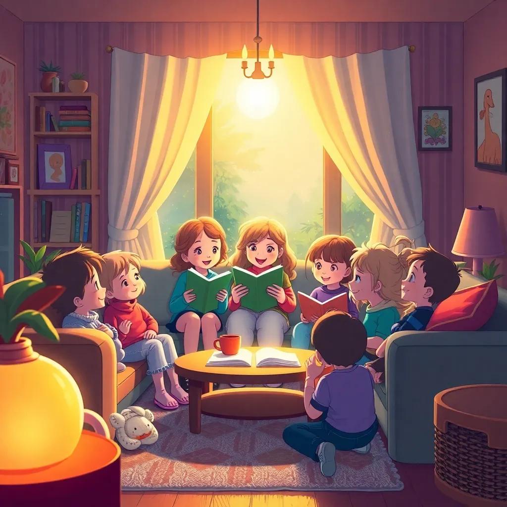 A cozy living room filled with joy, Celeste Stargrazer surrounded by her five adopted children, telling stories of her adventures, warm light, inviting atmosphere, child-friendly, heartwarming