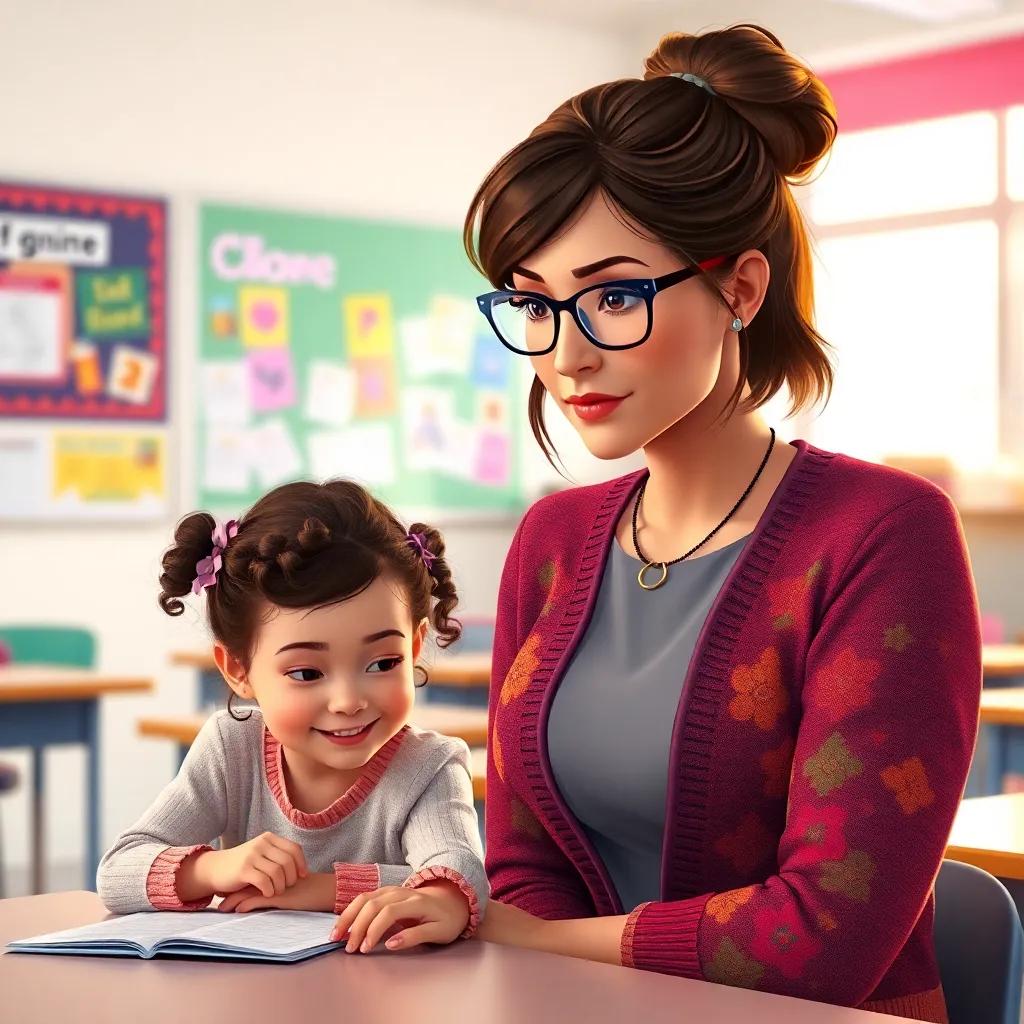 A thoughtful teacher, Ms. Manar, with medium-length brown hair in a bun, wearing glasses and a colorful cardigan, observing a young girl, Celia, with curly hair and a cheerful smile, fidgeting at her desk, in a bright classroom filled with colorful posters and desks, digital art, warm light, inviting atmosphere, high quality