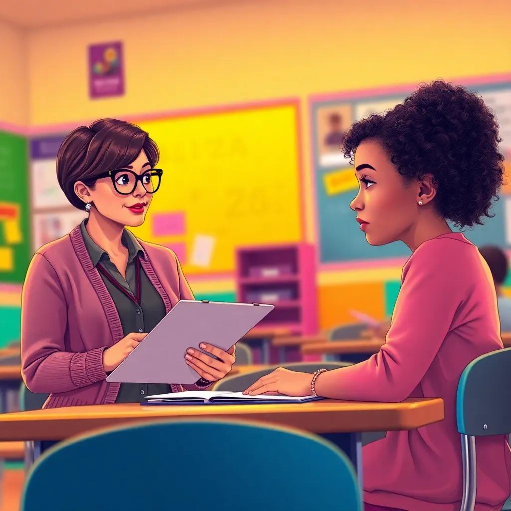 Ms. Manar, a kind teacher with a cardigan and glasses, holding a clipboard and looking attentively at Celia, a young girl with curly hair, who is distracted at her desk in a vibrant classroom, engaging scene, warm colors, focused expression, high quality