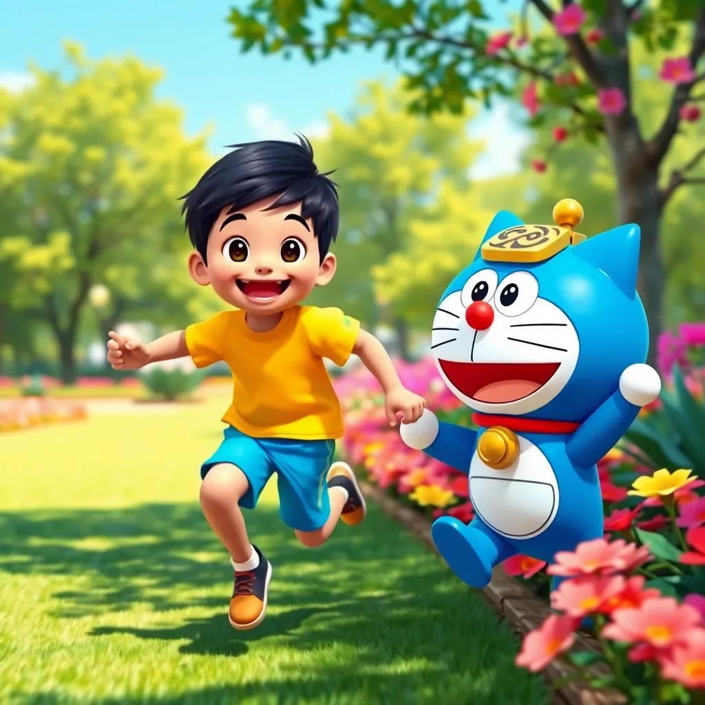 A cheerful boy, Chaitanya, with short black hair wearing a bright yellow t-shirt and blue shorts, running joyfully in a sunny park alongside his friend, a blue robot cat named Doraemon with a big bell, colorful flowers and green trees in the background, digital art, vibrant colors, playful atmosphere, high quality