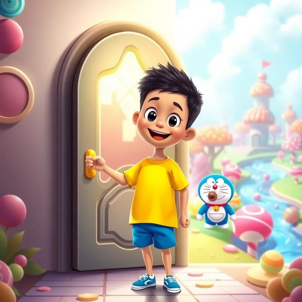 Chaitanya, a cheerful boy with short black hair in a bright yellow t-shirt and blue shorts, standing excitedly by a shiny, magic door with Doraemon, the blue robotic cat, holding a gadget with candy land in the background, colorful candy trees and chocolate river, cheerful and magical vibe, illustration, child-friendly, high quality
