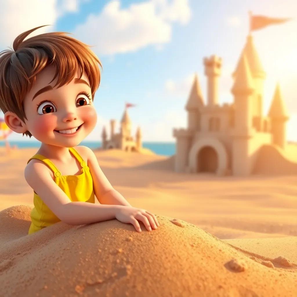 A young boy named Charlie, with short brown hair, wearing a bright yellow swimsuit, happily digging in the sand on a sunny beach, magical sandcastle glimmering in the background, vibrant colors, joyful atmosphere, high quality