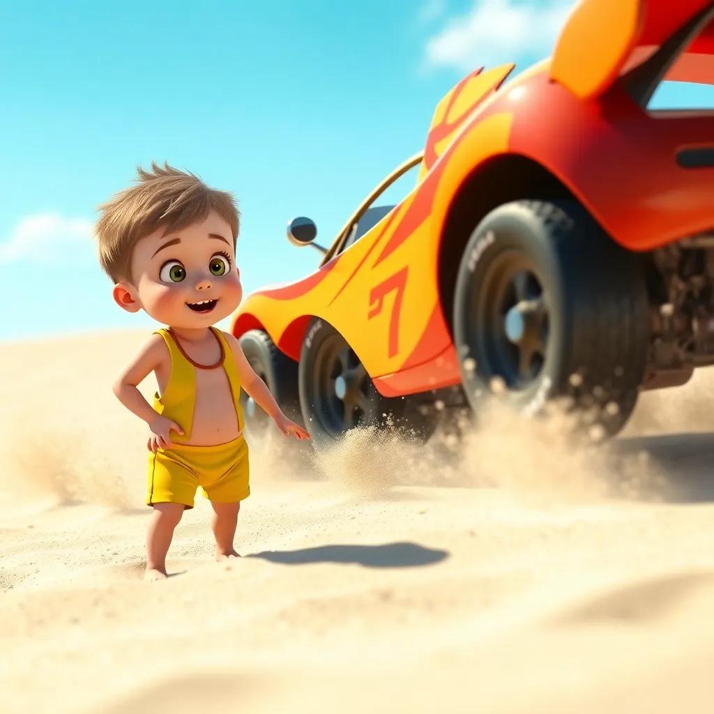 Charlie, a young boy in a bright yellow swimsuit, amazed as his toy car transforms into a real race car, sand around him glistening, sunny day, detailed, dynamic scene, high quality