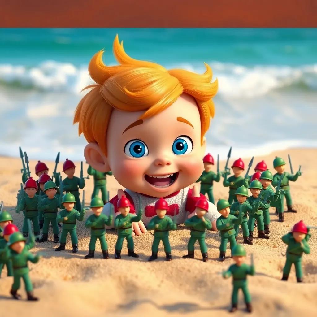 Charlie surrounded by tiny toy soldiers that have come to life, cheering him on in the sand, beach background with blue ocean waves, colorful, fun atmosphere, high quality