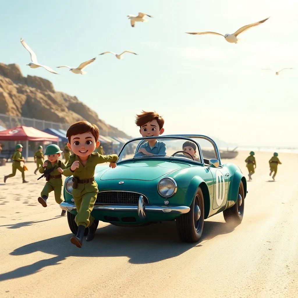 Charlie racing his real car along the beach, tiny soldiers running beside him, seagulls flying above, bright sunlight, exhilarating scene, high quality