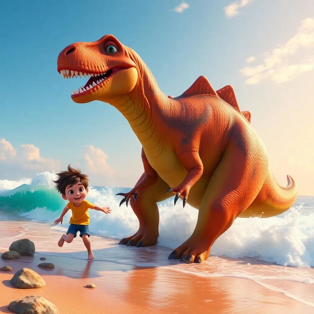 A giant dinosaur next to Charlie, running towards the ocean, causing waves to splash, all are cheerful, magical beach setting, colorful and bright, high quality