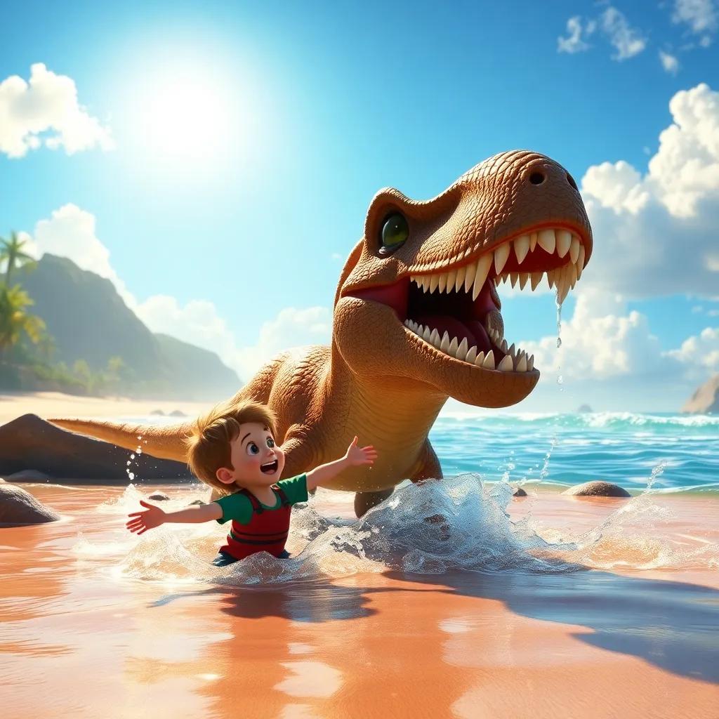 Charlie splashing in the water with the giant dinosaur, the sun shining above, laughter in the air, vibrant beach landscape, thrilling scene, high quality