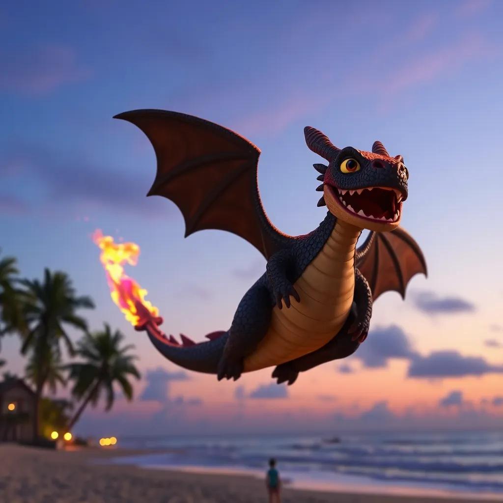 Charlie's toy dragon flying overhead, breathing colorful fire in the twilight sky, beach landscape with palm trees in the background, magical and adventurous atmosphere, high quality