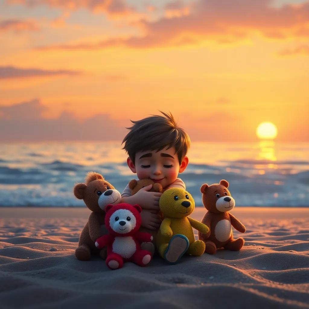 Charlie hugging his toys as the sun sets over the beach, stars starting to twinkle, warm golden light, heartwarming scene,high quality