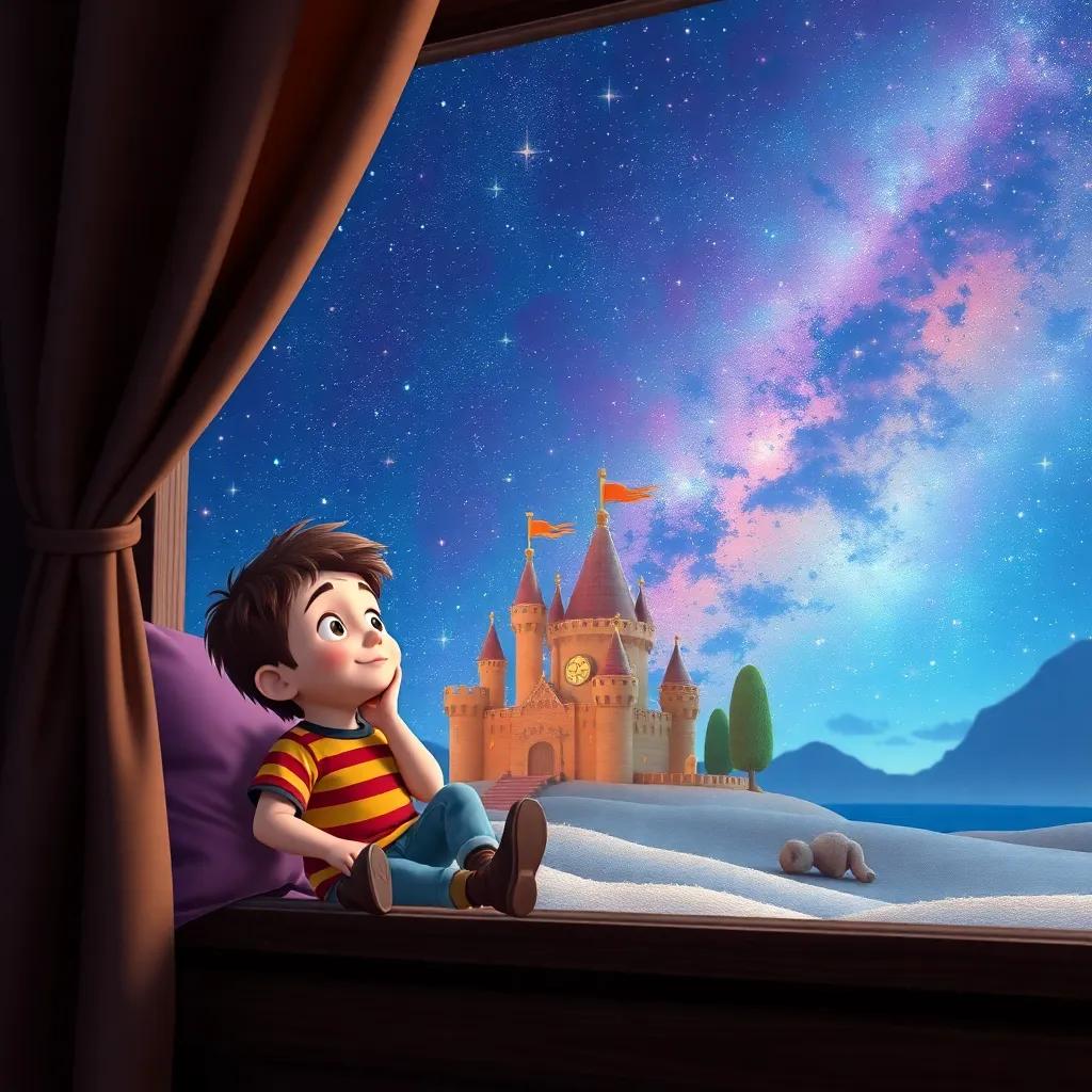 Charlie dreaming of adventures in a magical sandcastle, stars visible through a window, colorful night sky, cozy atmosphere, high quality