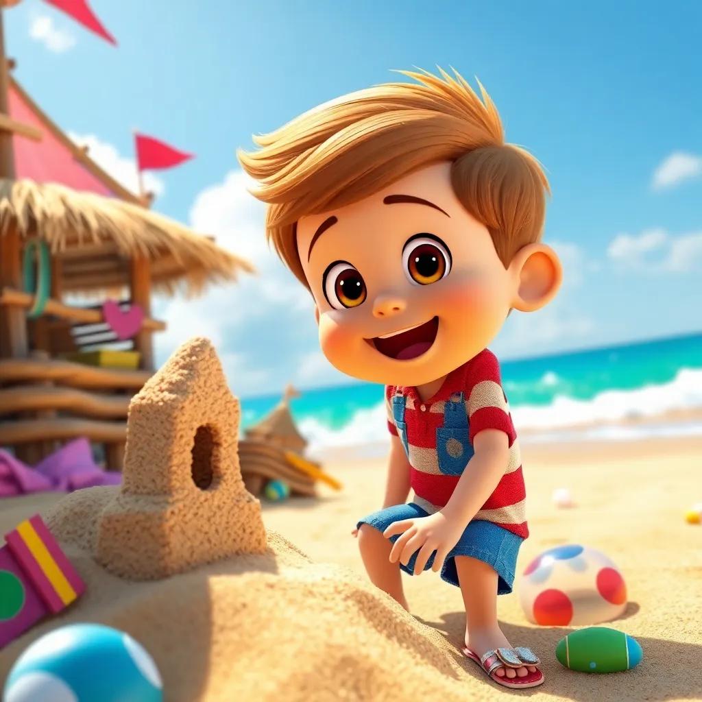 Charlie excitedly searching for the magical sandcastle again on the sunny beach, determination in his eyes, colorful beach items around, bright and hopeful scene, high quality