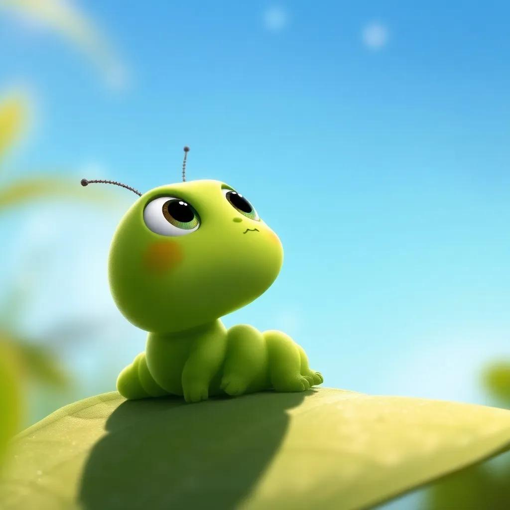 Charlie, a small green caterpillar with big eyes, sitting on a leaf, looking up at blue sky, full of wonder, digital art, bright and cheerful colors, enchanting atmosphere, high quality