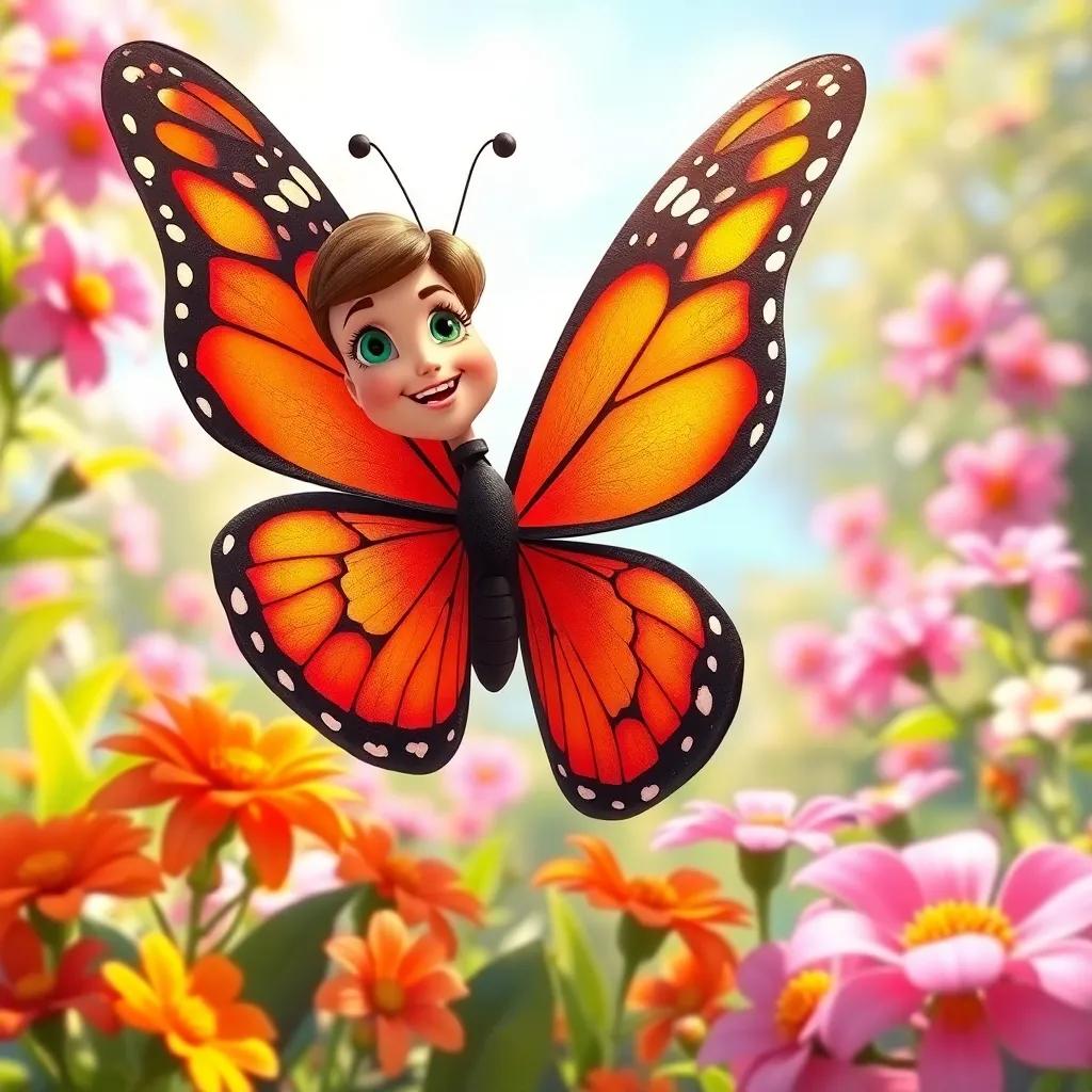 Bella, a beautiful butterfly with bright orange and black wings, smiling as she looks down at Charlie, surrounded by blooming flowers in a sunlit garden, joyful expression, vibrant colors, fantasy illustration, high quality