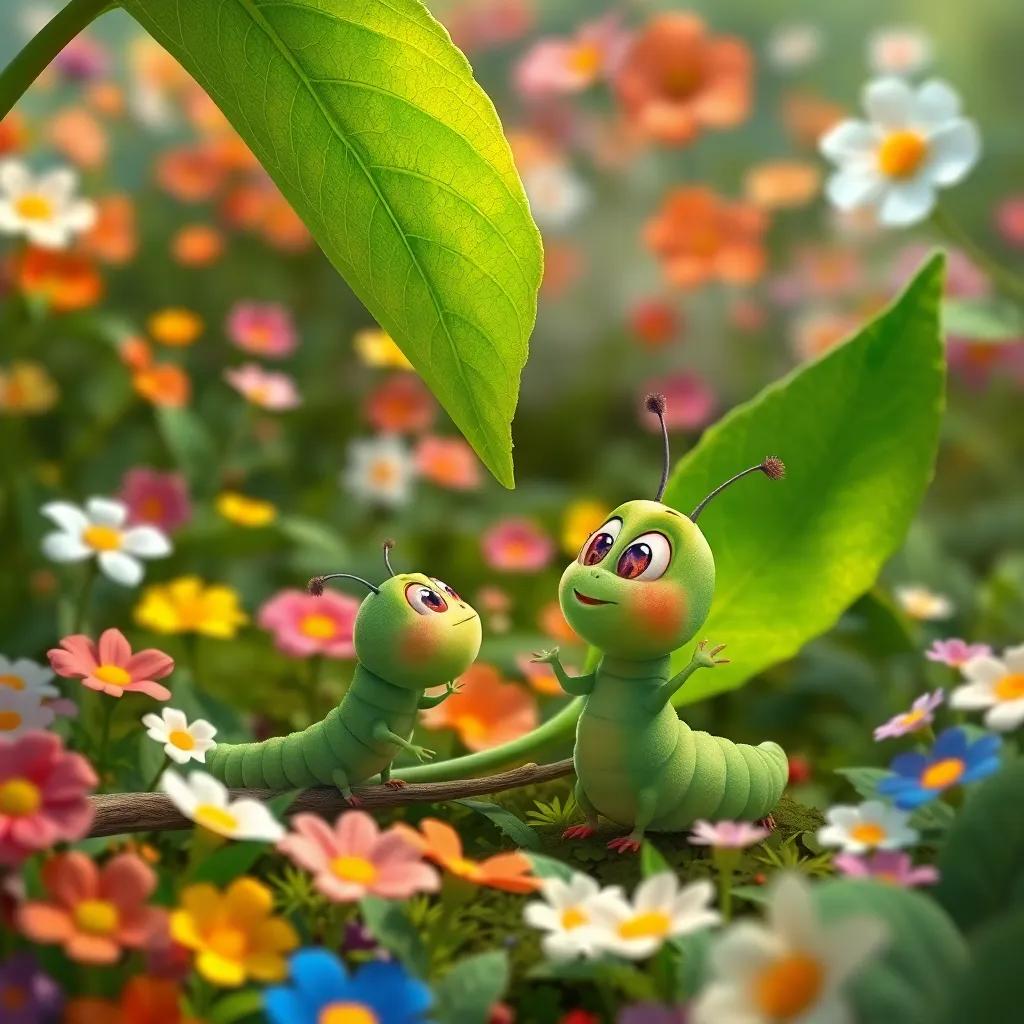 Charlie, a small green caterpillar, looking at a large green leaf with excitement, Bella nearby pointing at the leaf, colorful garden background filled with flowers, digital art, vibrant detail, magical feeling, high quality
