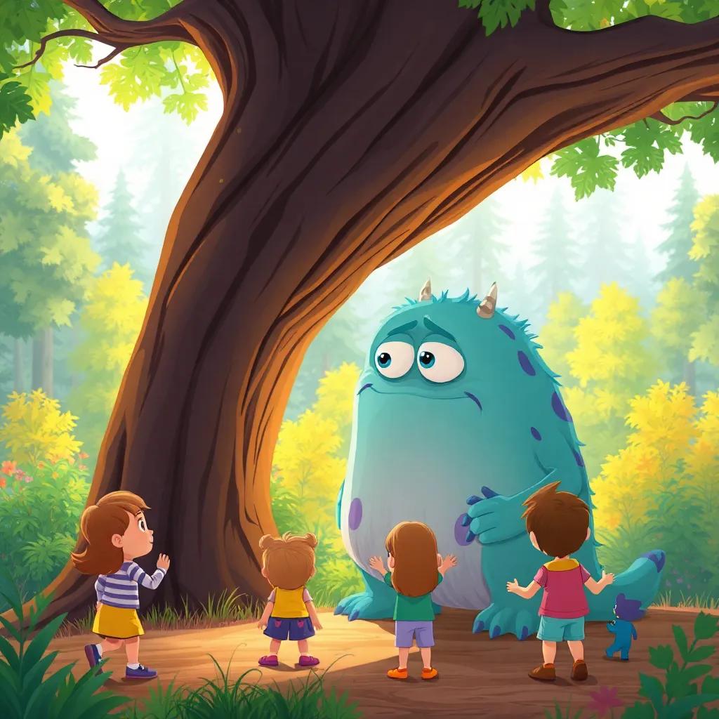 Charlie the monster watching children play from behind a big tree, feeling a bit sad, friendly expression, bright colored forest, gentle sunlight, illustration, colorful, inviting vibe, high quality