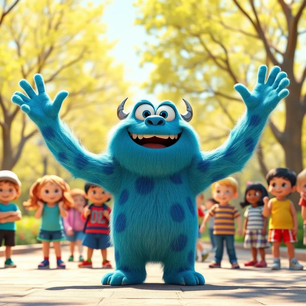 Charlie the cuddly monster excitedly waving his arms, smiling brightly, standing in front of curious children in a sunny park, joyful scene, happy expressions, bright colors, vibrant atmosphere, high quality
