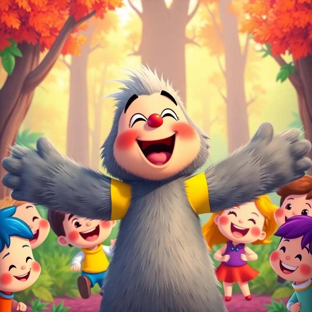 Charlie singing a silly song, big furry arms open wide, surrounded by laughing children, colorful forest background, cheerful and lively scene, illustration, warm and friendly colors, high quality