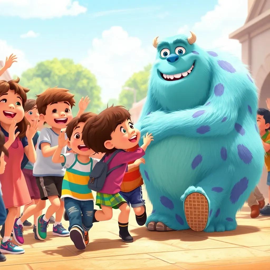 Children cheering for Charlie and running towards him for a hug, smiles all around, bright sunny day, soft fluffy appearance of the monster, exciting and vibrant atmosphere, illustration, detailed colors, high quality