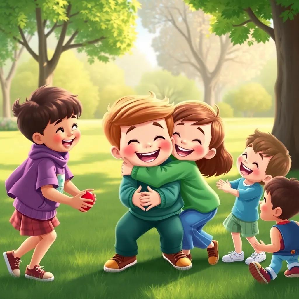 Charlie playing games with children, hugging them happily, all laughing together in a lovely green park, bright colors, lively energy, illustration, joyful moment, high quality
