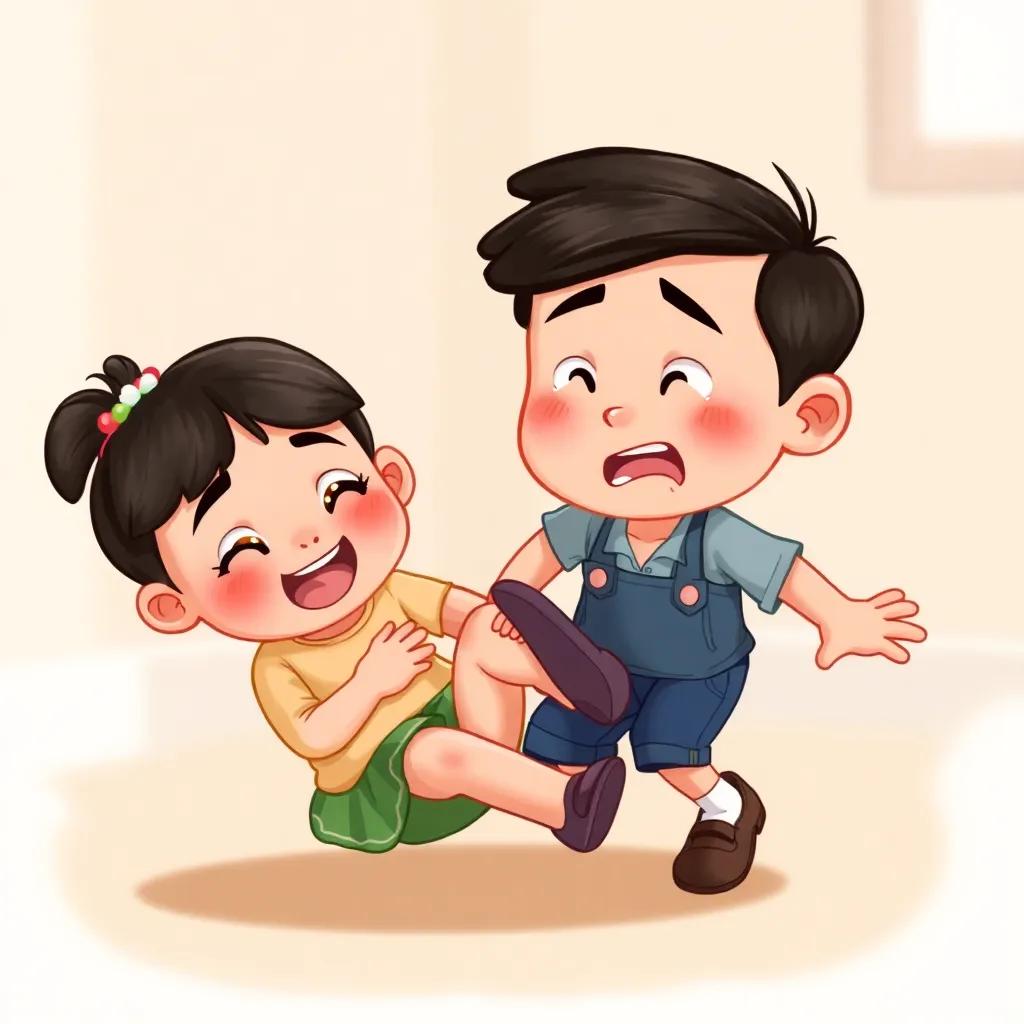 A little girl named Lily falling and scraping her knee, Charlie rushing over with concern, warm and gentle expression, colorful comforting scene, illustration, vibrant colors, supportive vibe, high quality