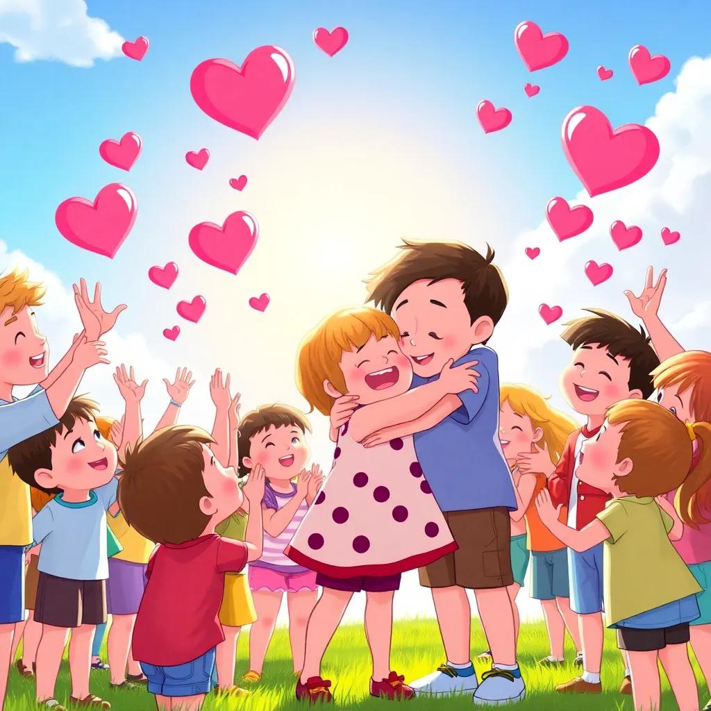 Children cheering while Charlie gives Lily a hug, the sun shining happily, hearts in the air to show love and care, joyful colors, illustration, bright and lively, high quality