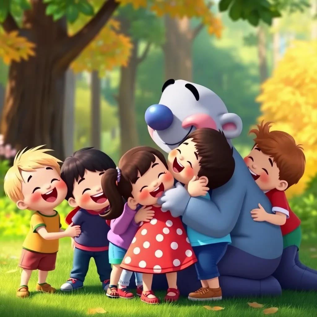 Charlie sharing hugs and laughter with a group of children, love and joy in the air as they play together, colorful forest background, cheerful atmosphere, illustration, high quality