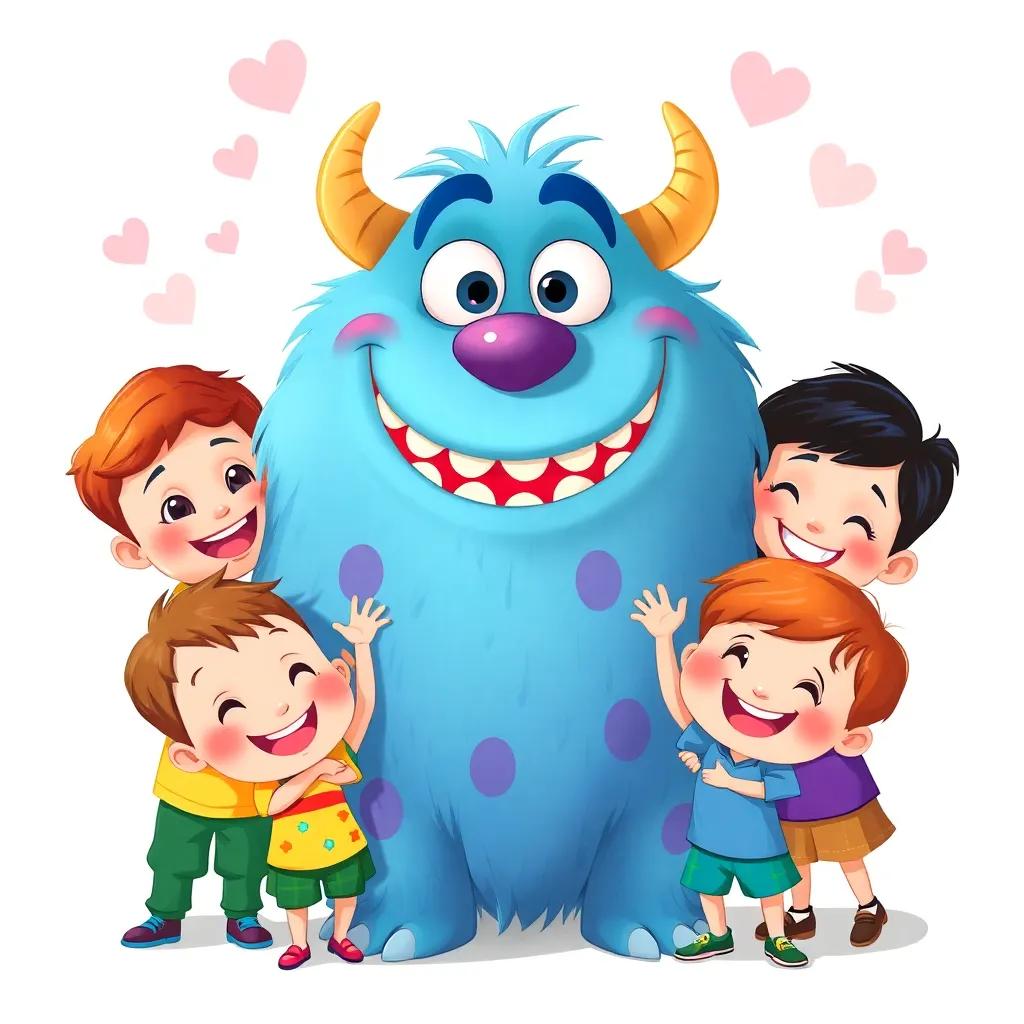 Charlie, the cuddly monster with happy children around him, symbolizing friendship, love, and happiness, vibrant colors and cheerful expressions, illustration, heartwarming scene, high quality