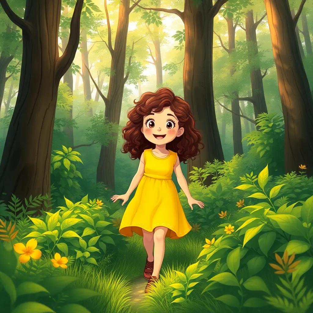 A lush green forest with tall trees and dappled sunlight, Charlotte, a cheerful 8-year-old girl with curly brown hair, wearing a bright yellow dress, excitedly tiptoeing through the bushes, detail-rich illustration, warm colors, magical atmosphere, storytelling view, high quality