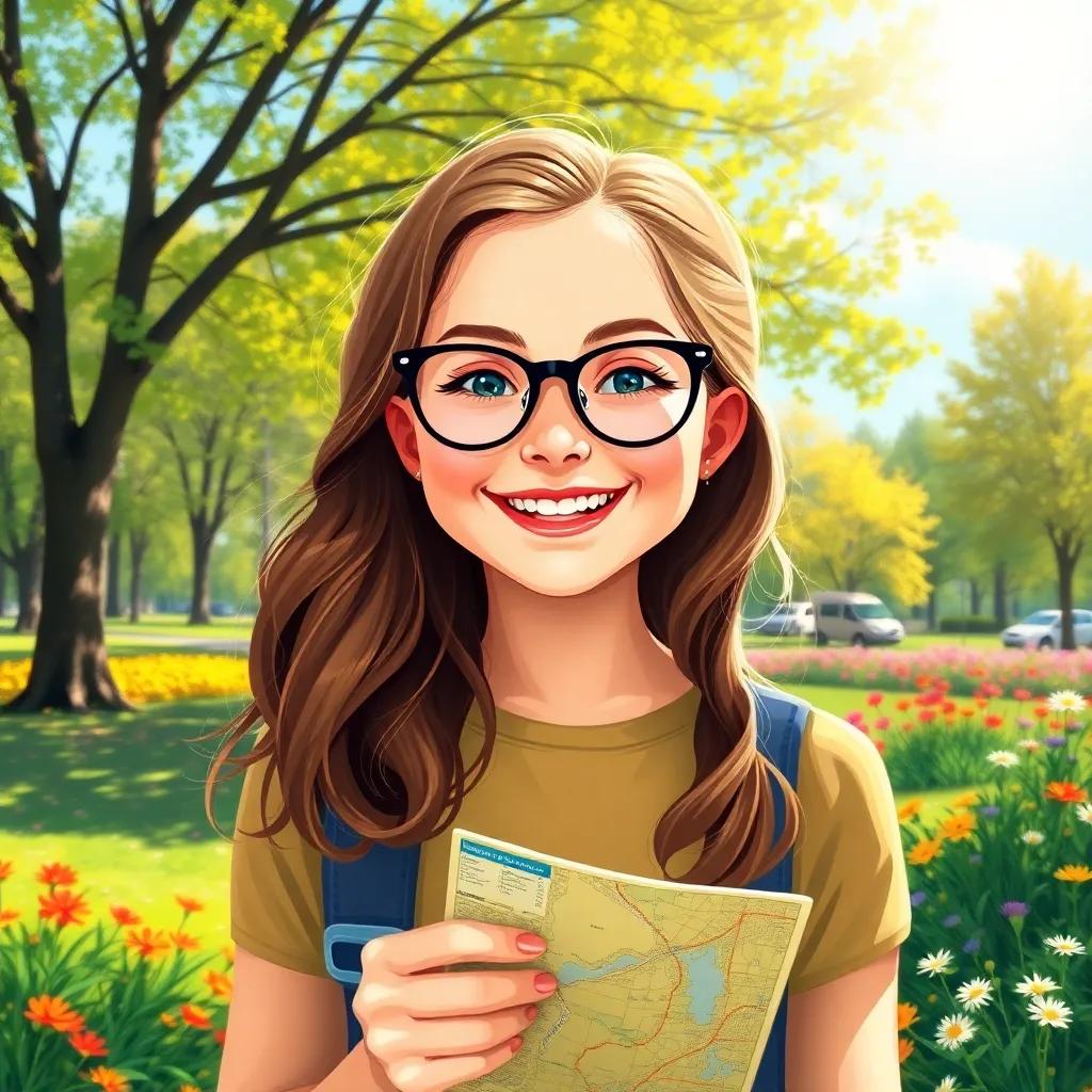 A bright girl, Charlotte, wearing stylish glasses and a joyful expression, standing in a sunny park with a map in hand, surrounded by trees and flowers, digital art, vibrant colors, cheerful mood, high quality