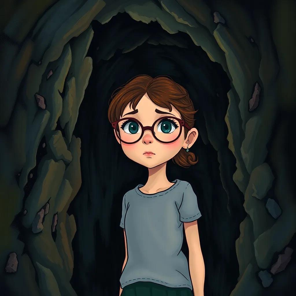Charlotte, a girl with glasses, standing at the entrance of a dark, mysterious cave, wearing a determined expression, shadows casting eerie shapes, illustration, suspenseful atmosphere, high quality