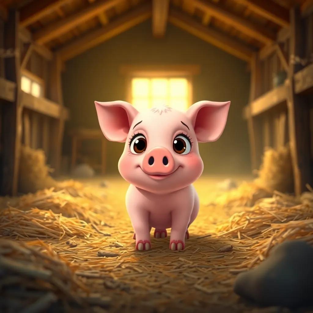 A small, cheerful pig named Wilbur with soft pink skin and big eyes, looking lonely in a cozy barn filled with hay and warm sunlight, inviting atmosphere, digital art, bright colors, heartwarming scene