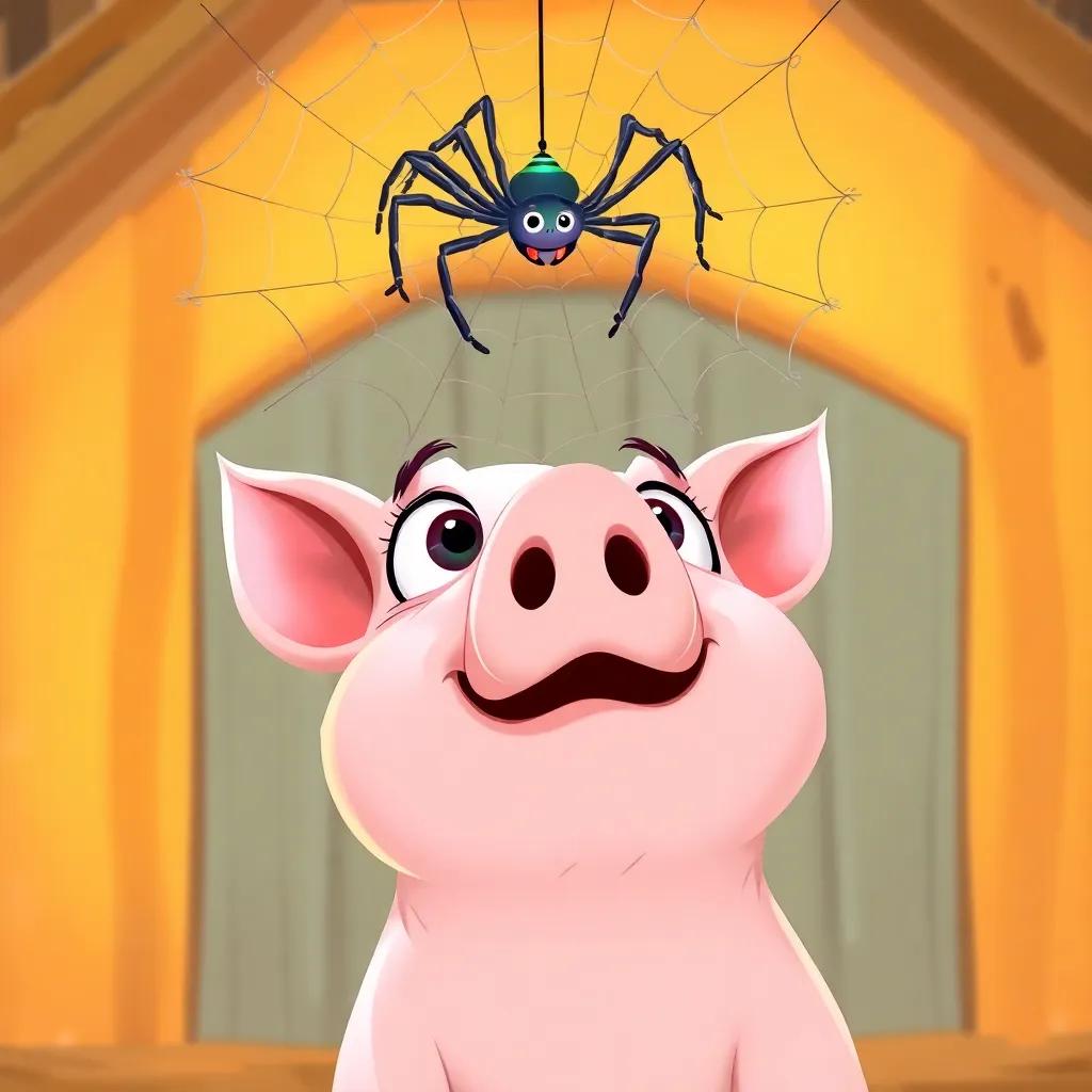Wilbur the pig, eyes wide with surprise, looking up at Charlotte the spider, who is smiling and introducing herself from her web, warm barn background, friendly vibe, cute illustration, pastel colors