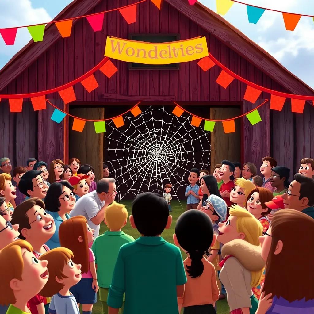 A happy crowd outside the barn looking at Charlotte's wonderful web with amazement and joy, colorful banners and smiling faces, lively, animation art style, festive atmosphere