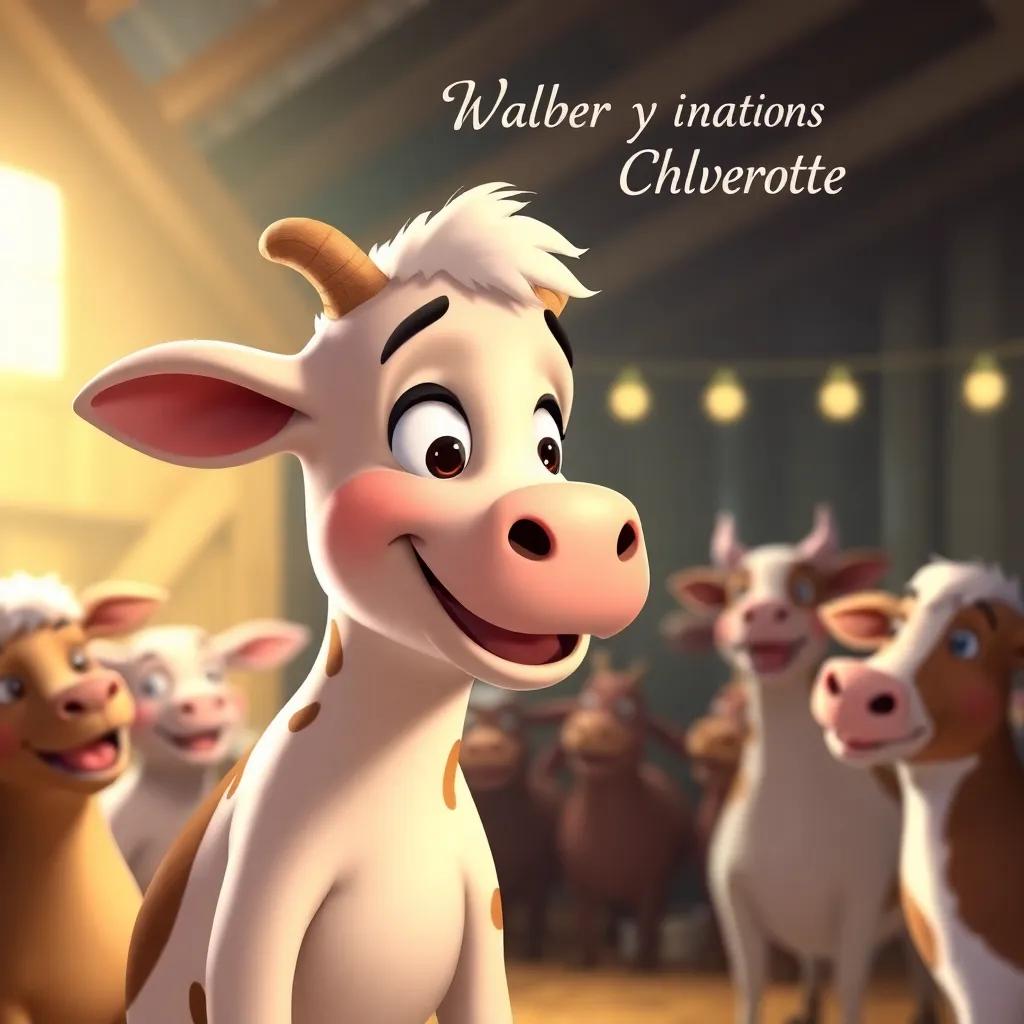 Wilbur expressing happiness and gratitude to Charlotte with bright eyes and a big smile in the barn setting, surrounded by friends with joyful anticipation, cartoon illustration, heartwarming light