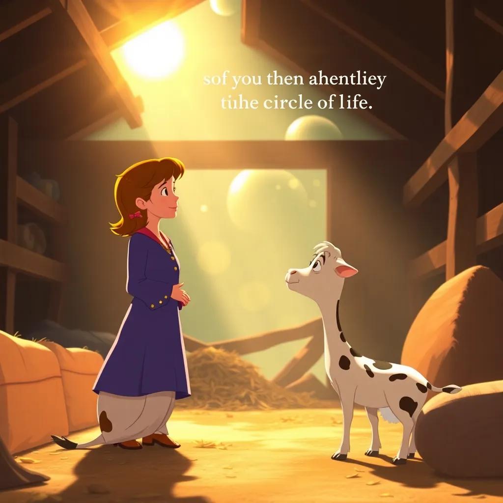Charlotte speaking softly to Wilbur about the circle of life, serene moment in the barn filled with warm soft sunshine, Wilbur listening intently, comforting atmosphere, warm illustration