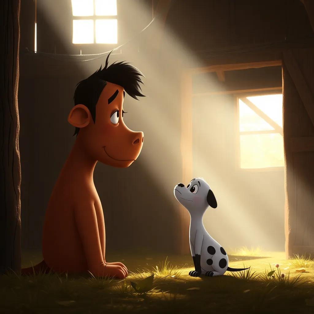 Wilbur reflecting on friendship with a hint of sadness as Charlotte's spirit gently fades away, light streaming into the barn, emphasizing love and legacy, sentimental digital art, touching scene
