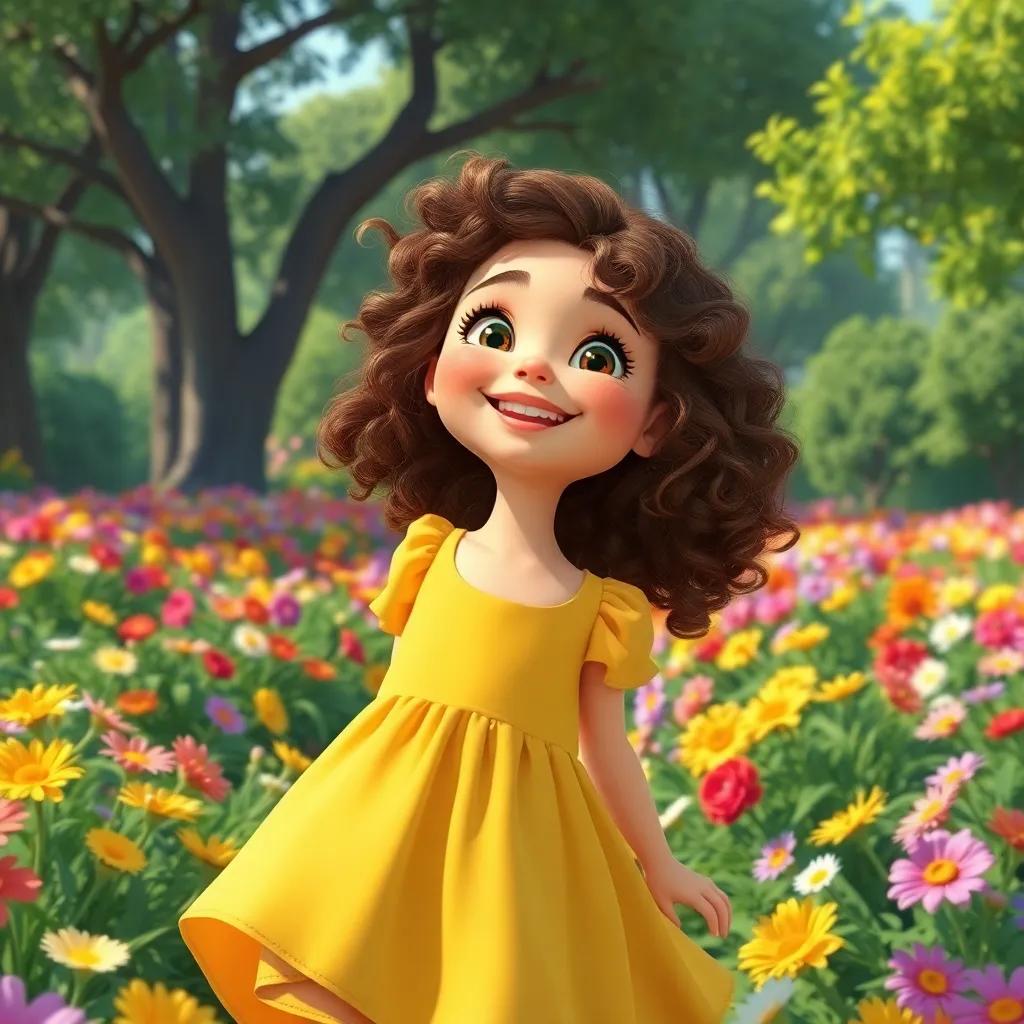 Chatrin, a young girl with curly brown hair, wearing a bright yellow dress, playing in a large garden filled with colorful flowers and green trees, digital art, joyful, vibrant colors, sunny atmosphere, high quality