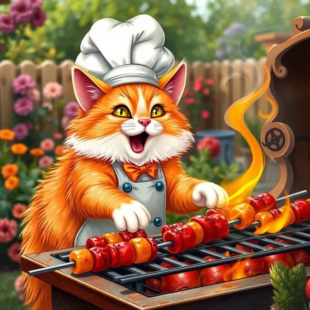 Chef Whiskers, a fluffy orange and white cat with a chef's hat and apron, flipping kebabs on a BBQ grill, warm smoke rising, excited expression, colorful garden background, detailed illustration, cozy and inviting, whimsical style, high quality