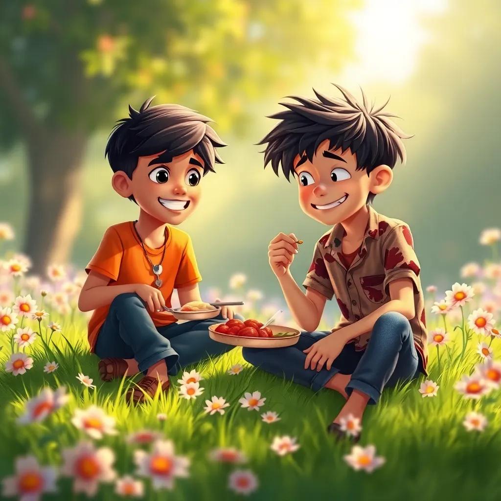 Chikoo, a young Indian boy with short black hair in a T-shirt and jeans, sitting on green grass, sharing a lunch with the sad boy who has messy hair and a worn-out shirt, eating happily together, surrounded by flowers, warm and inviting light, illustration, heartwarming scene, cheerful vibe