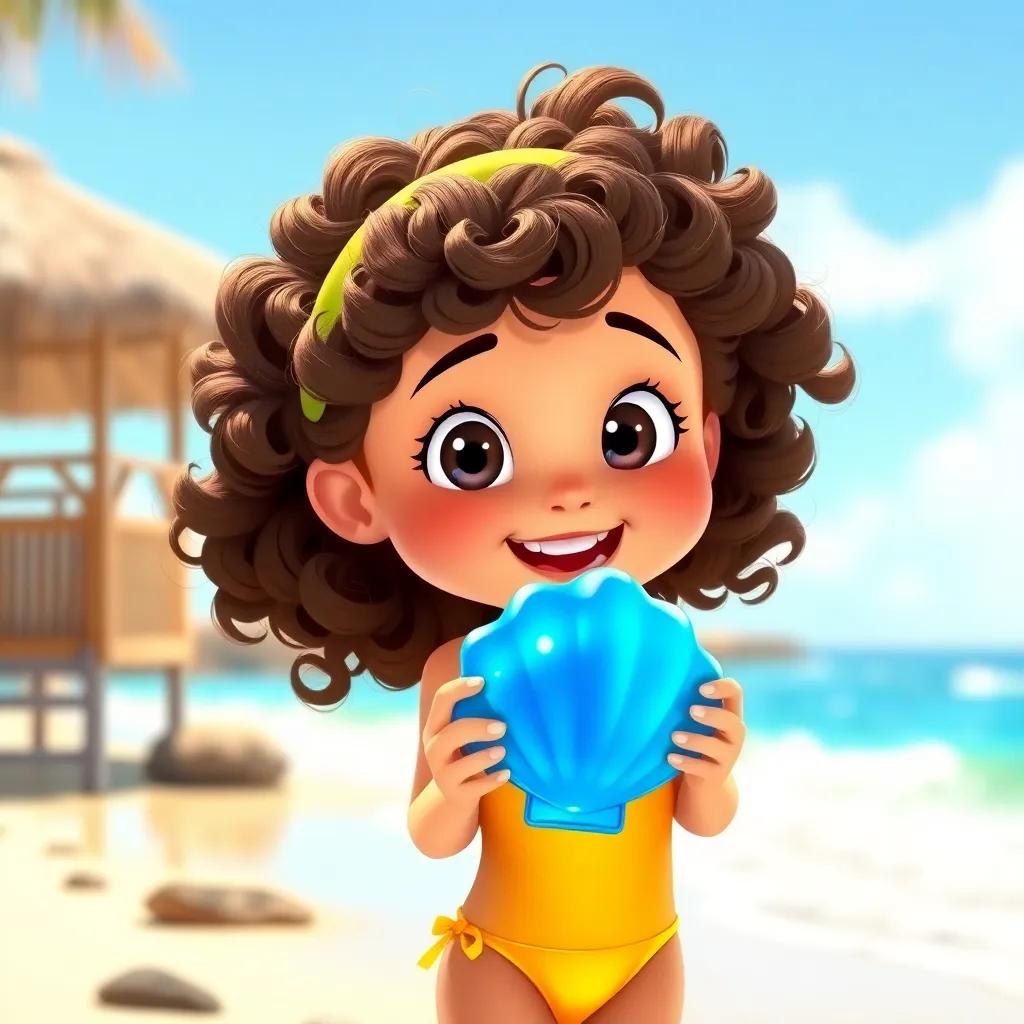 A curious girl named Chloe, with curly brown hair, wearing a bright yellow swimsuit, excitedly holding a shiny blue shell by the beach, sunny, cheerful, high quality