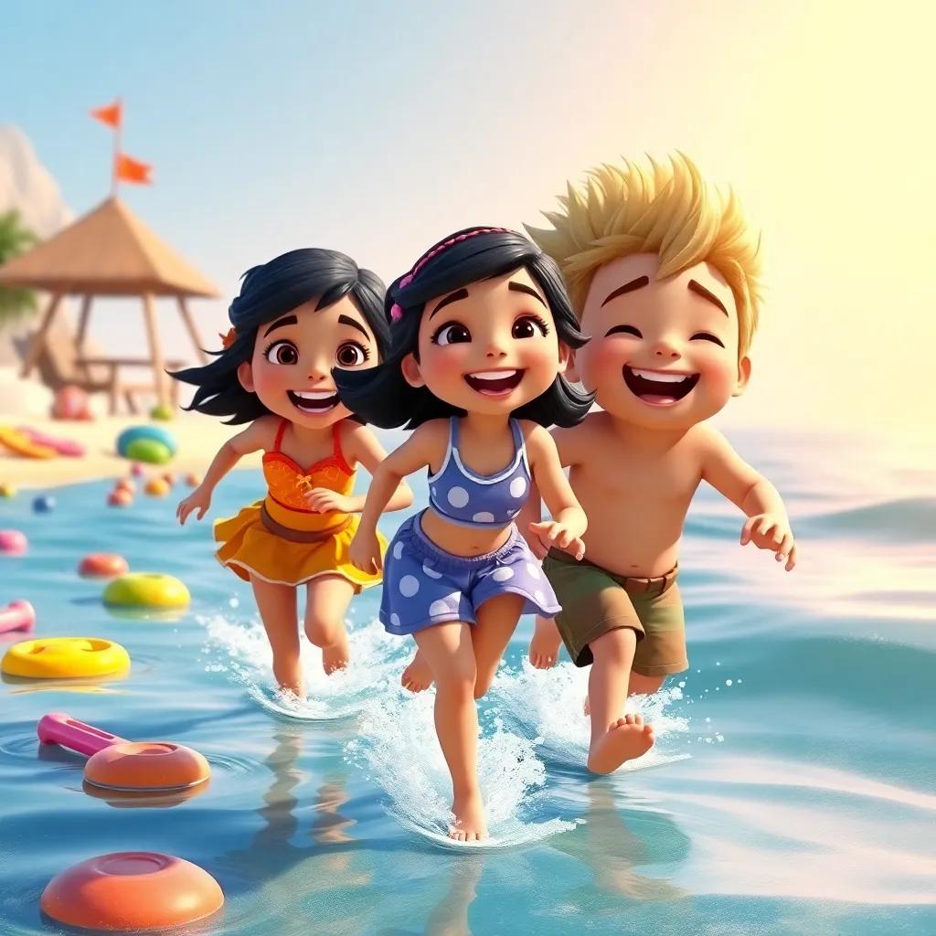 Chloe with her friends, Mia who has short black hair and Jake with spiky blonde hair, running towards the water with laughter, colorful beach toys around, bright sunshine, happy atmosphere