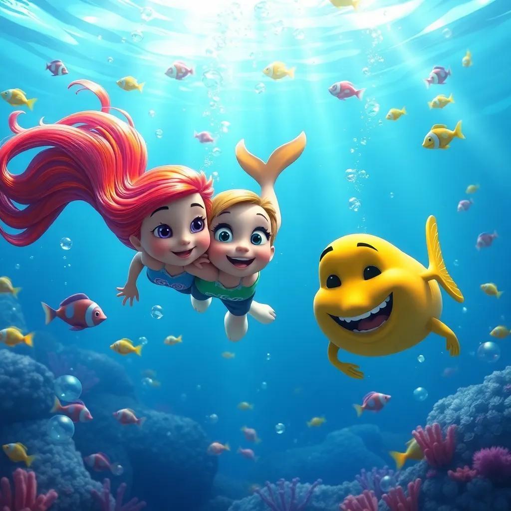 Underwater scene with Chloe, Mia, and Jake swimming together, surrounded by colorful fish and bubbles, sunlight filtering through the surface of the water, playful, vibrant colors