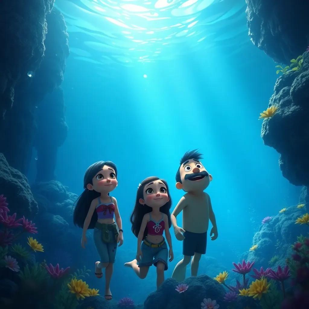 Beneath the ocean, Chloe, Mia, and Jake looking at a shimmering light in the distance, showing excitement in their eyes, underwater gardens around them, detailed, magical