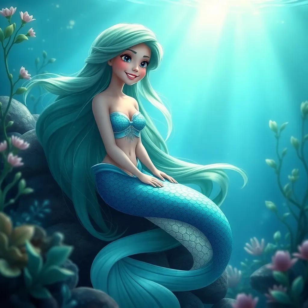 A beautiful mermaid with long, flowing hair in green and blue hues, sitting in an underwater garden with sea plants, looking joyful, shimmering tail, enchanting scene