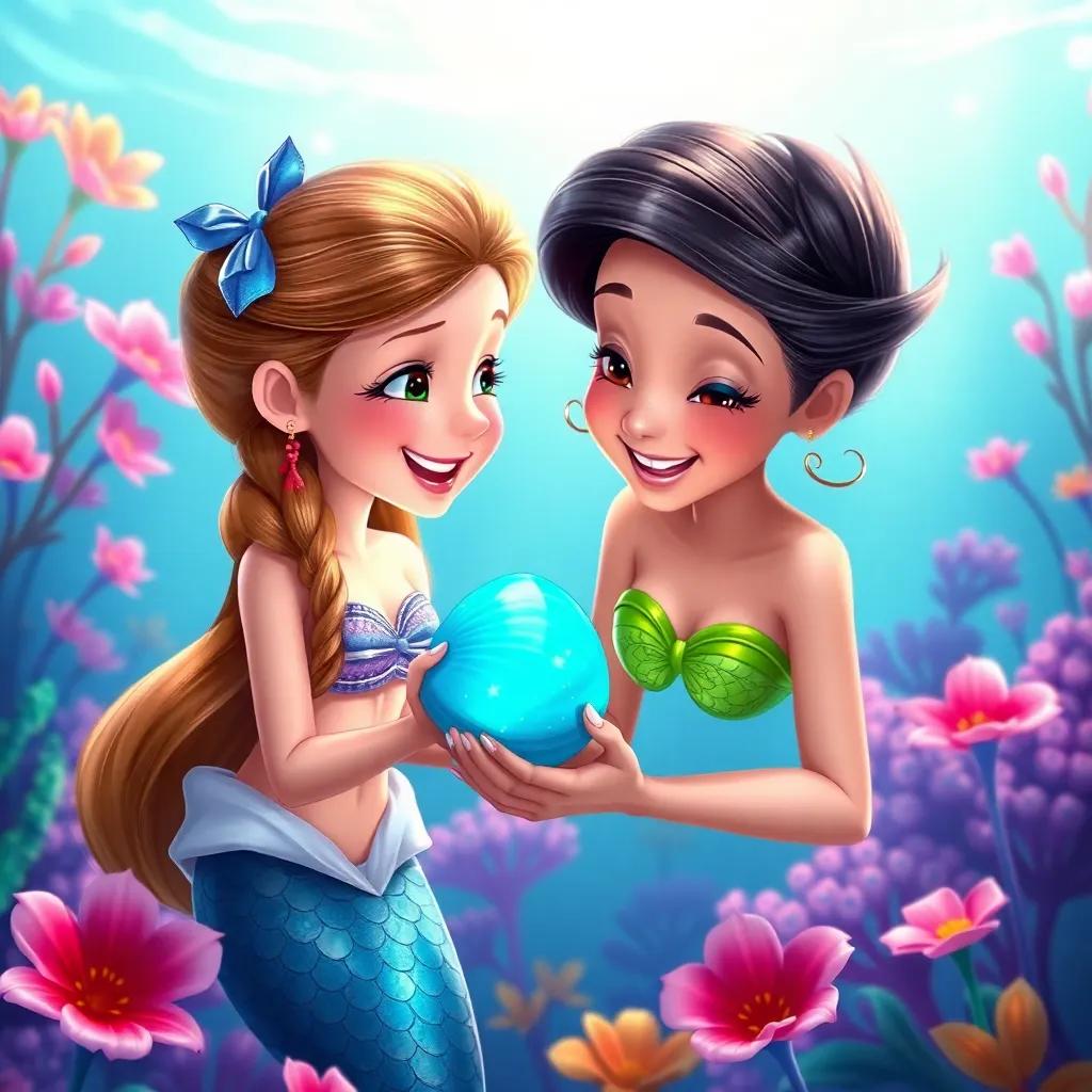Chloe handing the mermaid her shiny blue shell, with delight in both their faces, surrounded by vibrant underwater flora, heartwarming scene